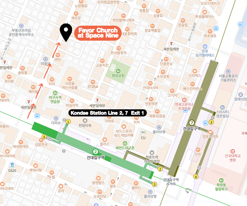 map to Favor Church Sunday gathering in Kondae Konkuk University